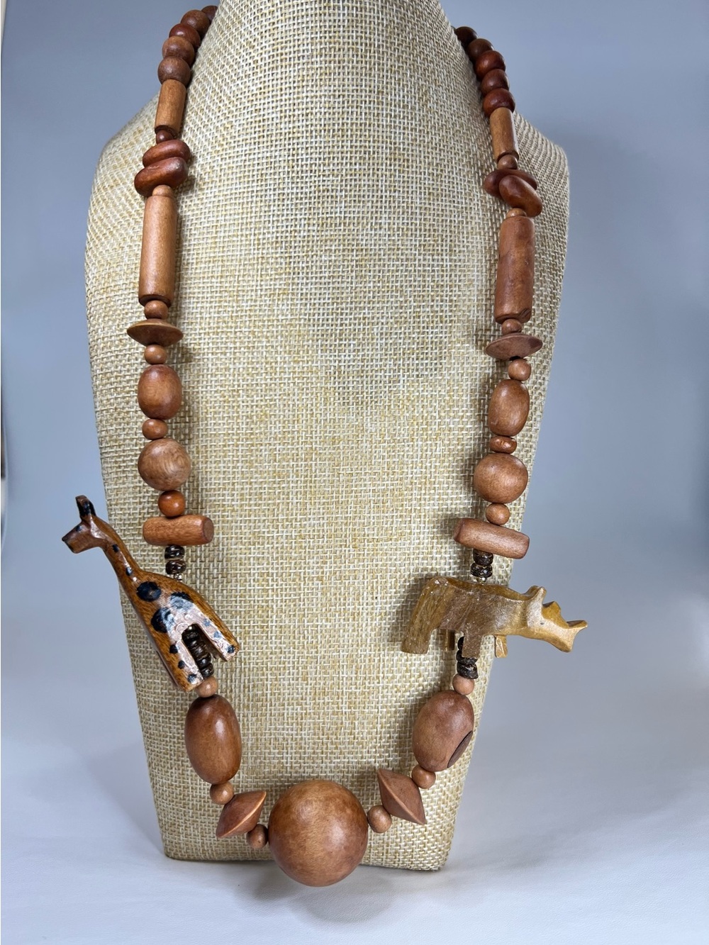 Vintage 70’s Hand-Carved Wooden African Safari Animal Bead Necklace